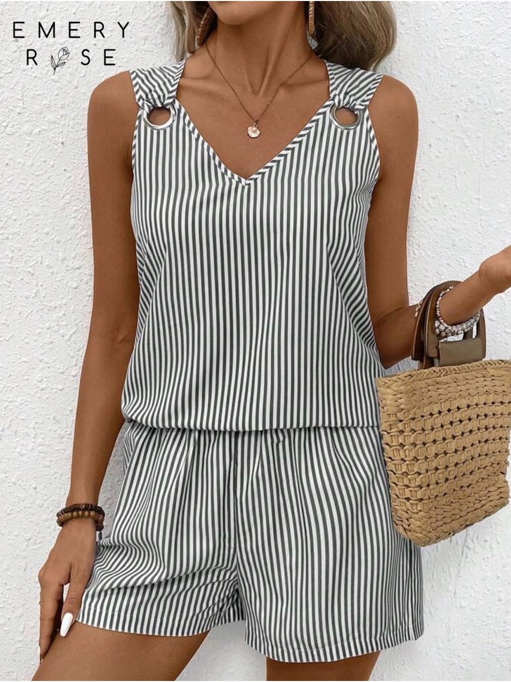 Emery Rose Black & White Striped Ring-Shoulder Romper